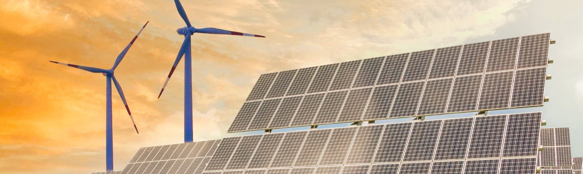 Wind turbines and solar panels generating renewable electricity at sunset, representing clean energy career opportunities
